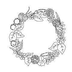 お洒落な秋の植物や葉っぱのリース・手書きイラスト・モノクロ
