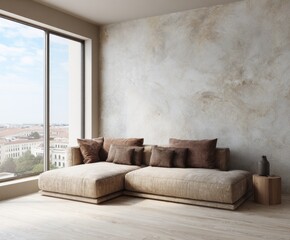 A contemporary living room corner showcases a light beige sectional sofa with brown throw pillows against a textured, light beige wall.