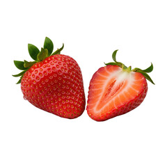 Whole & half red strawberries, vibrant flesh, yellow achenes, green calyx, water droplets on minimalist white ceramic plate, isolated on transparent background, fresh produce quality concept