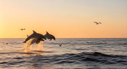 Fototapeta premium Dolphins leaping in sync at sunrise, with seabirds gliding above calm ocean waves.