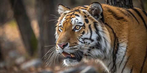 Fototapeta premium Close-up of an Amur tiger’s face, focusing intensely on its piercing golden eyes as they lock directly onto the camera, conveying raw intensity, intelligence, and primal dominance. 