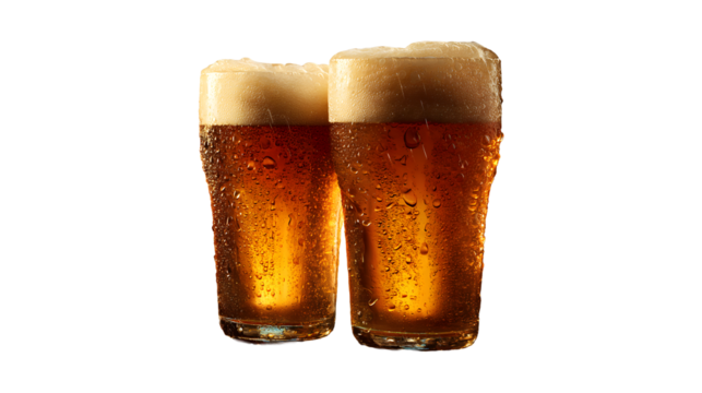 Two frosty beer glasses with condensation and foamy heads, perfect for a refreshing summer evening - Powered by Adobe