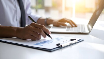 Businessman analyzing financial charts and working on a laptop in a bright office setting