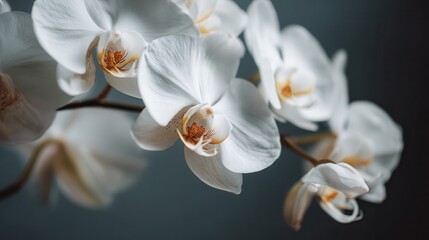 Obraz premium Beautiful white orchid flowers blooming indoors showcasing delicate petals and rich colors in soft light