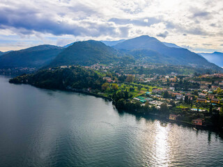 Aerial landscape of Bellagio villa and Lago di Como Lake in Italian Alps fall in Lombardy