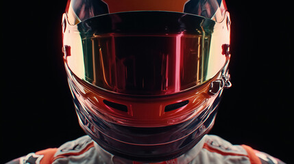 Intense race driver wearing vibrant helmet ready for adrenaline-fueled competition on track