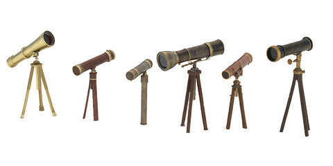 Assortment of Antique Telescopes with Brass and Wood Details vintage isolated on a transparent background