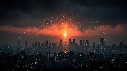 Obraz premium Cityscape silhouette with glowing digital connection lines under twilight