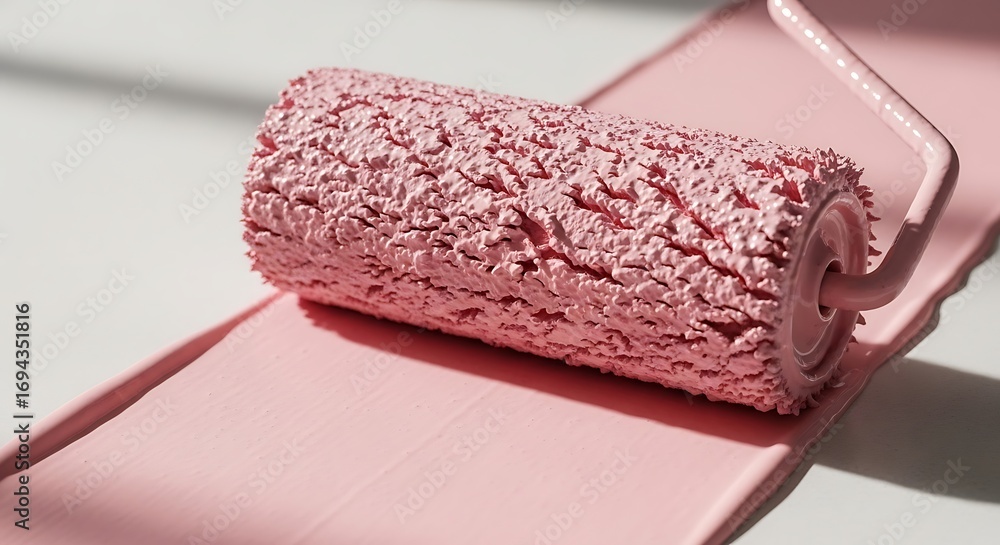 Poster a close-up view of a paint roller applying a vibrant shade of pink paint to a surface, showcasing th