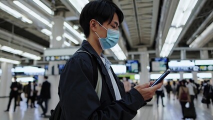 Man wearing face mask and holding cell phone. Man in mask at a phone station. Public transport waiting indoors. A man with a face mask and a mobile phone lifestyle.