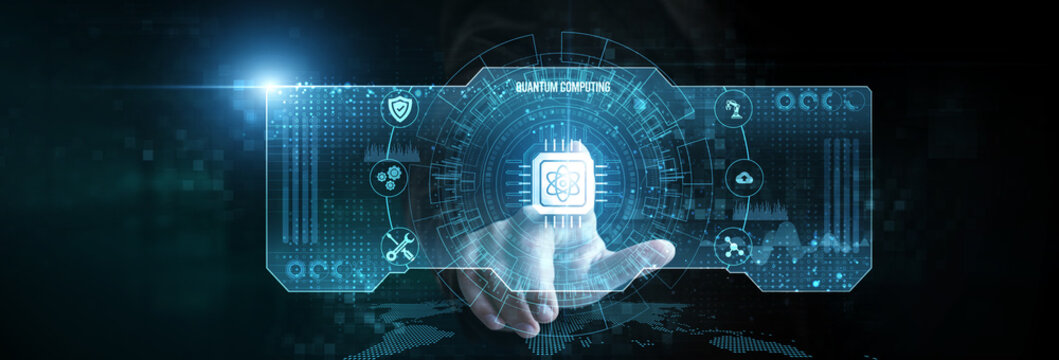 Businessman touching the quantum computing icon on the digital screen analyzing data, superposition algorithms, cryptographic security, computational power, quantum processors, data modelling