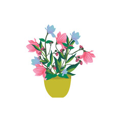 Beautiful potted flowers with pink and blue blossoms in a yellow pot. Perfect for floral design, home decoration, botanical illustration, greeting cards, and vector art.
