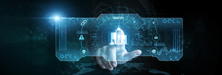 Businessman touching the smart city icon on the digital screen analyzing data, urban mobility, digital infrastructure, real-time traffic control, energy grid optimization, waste management