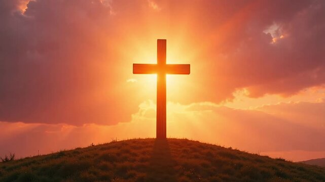 Uplifting Christian Cross Silhouette with Divine Light at Sunset, Inspiring Hope and Faith, Religious Symbol Video Footage, Peaceful and Serene Scene - Powered by Adobe