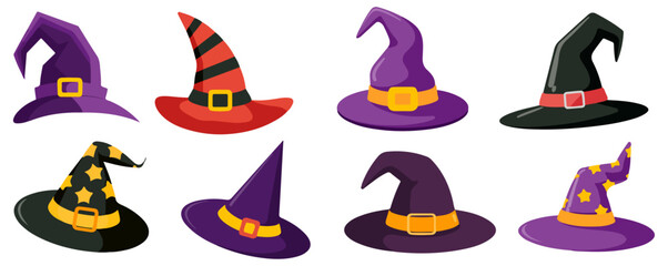 cartoon witch hat collection colorful vector illustration