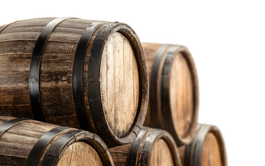 Rustic wooden barrels stacked together, perfect for wine storage or vintage distillery branding.