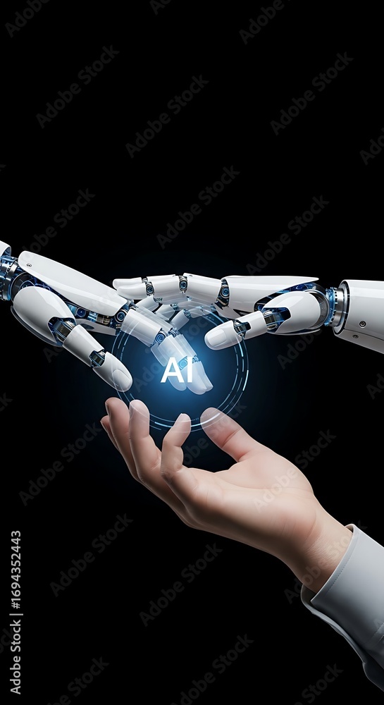 Aufkleber white robotic arms interact with a digital ai interface, showcasing futuristic technology.