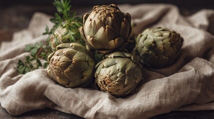 Obraz premium Fresh artichokes and herbs on a linen cloth in a rustic kitchen setting during the afternoon