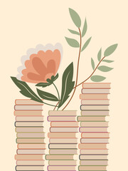 World Book and Copyright Day. Stack of books with a bouquet on a delicate pink background. Vector