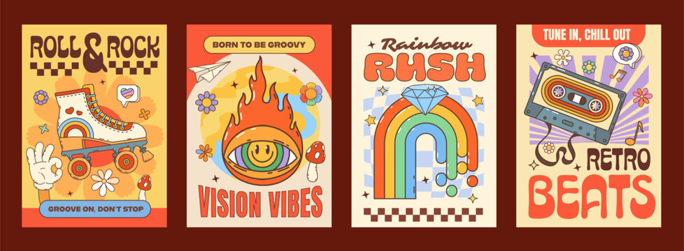 Retro hippie y2k groovy stickers. Vector set of retro patches bursting with nostalgia. Vivid funky roller skates, psychedelic eye flames, rainbow and vintage cassette tape with feel good 70s 80s vibes - Powered by Adobe