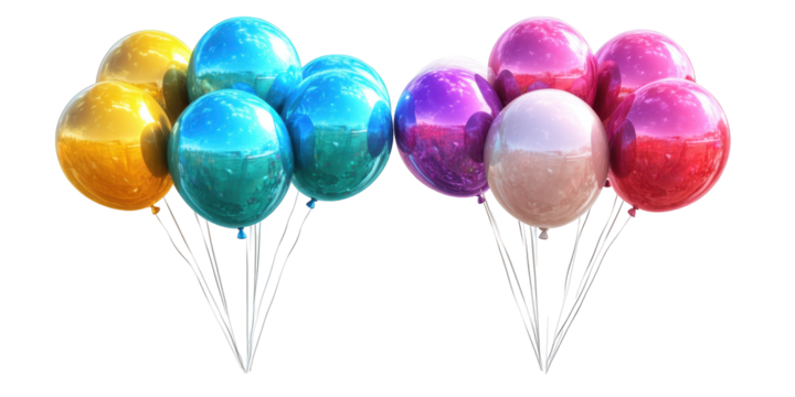 Assortment of Colorful Metallic Balloons Tied Together on White Background blur real isolated on a transparent background