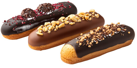 Assortment of Chocolate Glazed Eclairs with Toppings blur 371c7b42 isolated on a transparent background