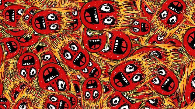 Scary creepy hand drawn emoji colorful vibrant illustration motif random pattern zooming effect 2d seamless looped animated video