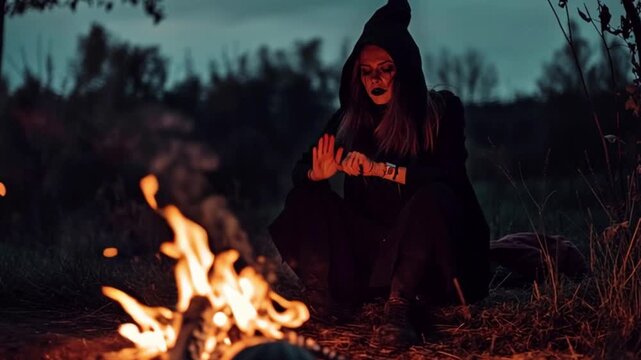Scary witch performing voodoo black magic ritual beside fire at night creating intense halloween horror atmosphere with dark forest shadows cinematic supernatural energy visuals fx