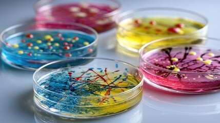Petri dishes with colorful bacterial growth