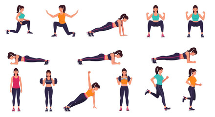 flat vector illustration, sportswear, multiple workout poses and exercises, modern clean style.