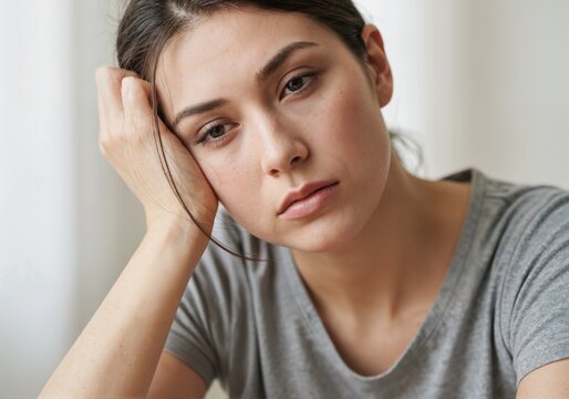 A tired woman sits with her head propped up by her hand