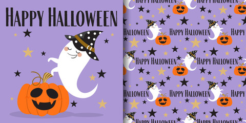 Halloween banner and seamless pattern. Cute little ghost wearing a witch hat with Halloween pumpkin with Happy Halloween text on light purple background with stars.