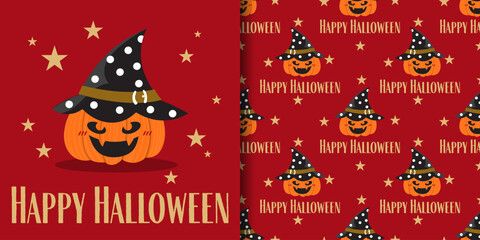 Halloween banner and seamless pattern. Cute Halloween pumpkin wearing witch hat with Happy Halloween text on red background with stars.