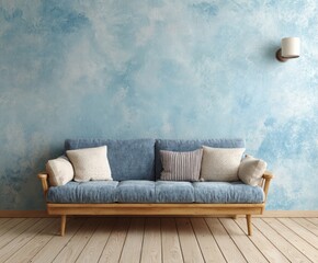 A light-filled living room showcases a light blue textured wall, a wooden sofa with patterned cushions, and a natural wood floor.