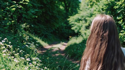Woman with long hair walking through forest. Girl walking on a path in nature. A lily of summer with green flowers unknown. A woman with lengthy hair strolling through a woodland lifestyle.