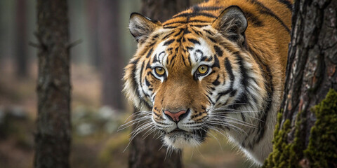 Naklejka premium Close-up of an Amur tiger’s face, focusing intensely on its piercing golden eyes as they lock directly onto the camera, conveying raw intensity, intelligence, and primal dominance.