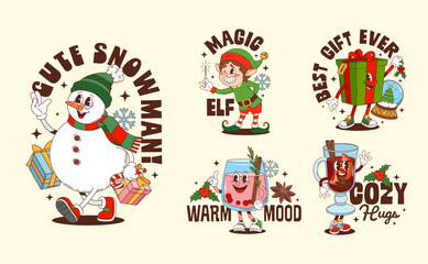 Funny Christmas groovy characters stickers and t shirt prints for winter holiday, vector. Groovy stickers with cartoon snowman and Santa gifts, magic elf and mulled wine with Christmas greeting quotes