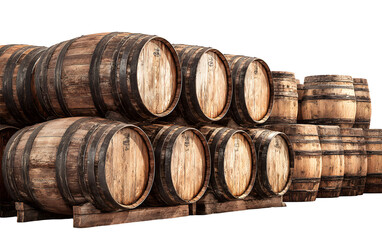 Wooden barrels stacked high, aged and weathered, perfect for wine storage, whiskey production, and brewery branding