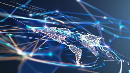 World map with network lines. Digital network map of world. Global connectivity data technology communication. Global map featuring interconnected lines lifestyle.