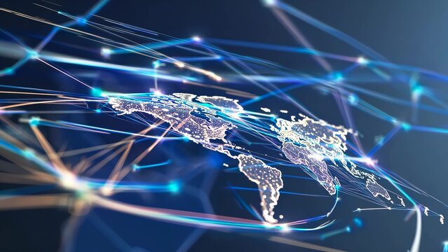 World map with network lines. Digital network map of world. Global connectivity data technology communication. Global map featuring interconnected lines lifestyle. - Powered by Adobe
