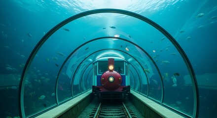 Underwater Train Journey Through A Crystal Tunnel With Fish Swimming Around