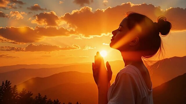 Girl in sunlight prays for family and children, finding relaxation, faith, and meditation in nature's beauty a Christian moment of peace