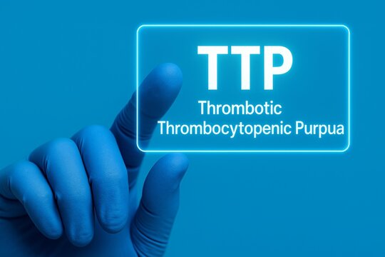 Gloved hand pointing to glowing TTP acronym and full term, symbolizing awareness of rare blood disorder and clinical diagnostics.