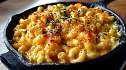 Delicious mac and cheese in cast iron skillet with cheese sauce and parsley topping for food photography