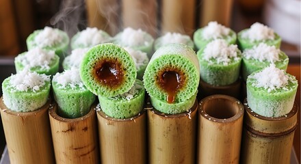 Steamed pandan cake with bamboo, and dessert.