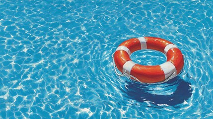 illustration of a vibrant red and white lifebuoy floating calmly on the surface of crystal-clear, deep blue water. The sunlight creates a shimmering effect on the water, highlighting the lifebuoy's 