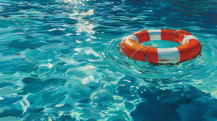 Naklejka premium illustration of a vibrant red and white lifebuoy floating calmly on the surface of crystal-clear, deep blue water. The sunlight creates a shimmering effect on the water, highlighting the lifebuoy's 