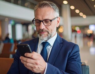 Mature businessman using smartphone in airport lounge