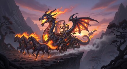 Fiery Dragon Chariot Pulled By Mythical Horses Ascending Mountain Peaks At Dusk