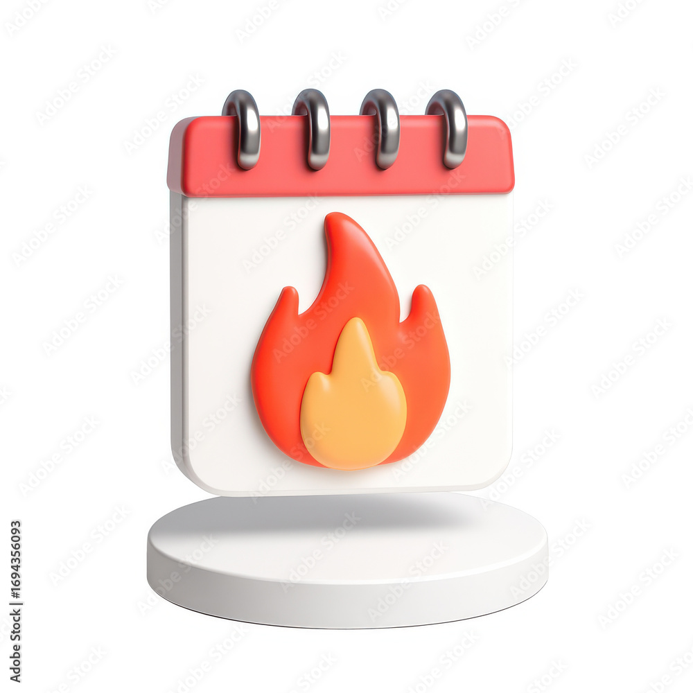 Poster 3d icon of a calendar with a burning flame symbol representing hot dates white background
